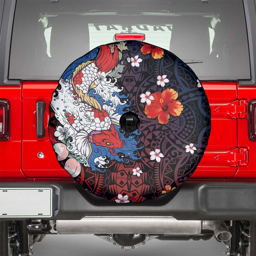 Hawaiian and Japanese Together Spare Tire Cover Hibiscus and Koi Fish Polynesian Pattern Colorful Style LT03 - Polynesian Pride