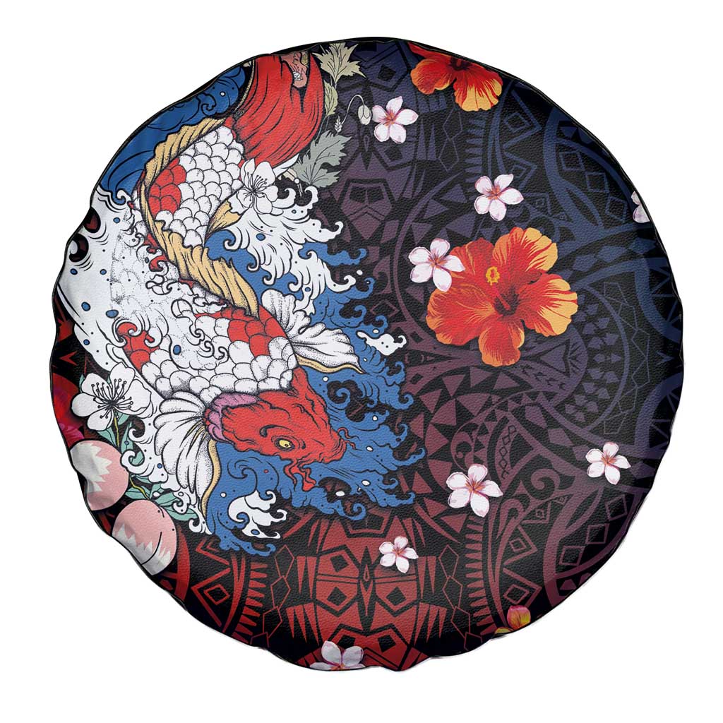 Hawaiian and Japanese Together Spare Tire Cover Hibiscus and Koi Fish Polynesian Pattern Colorful Style LT03 - Polynesian Pride