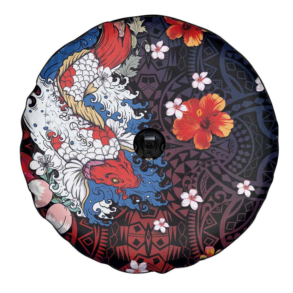 Hawaiian and Japanese Together Spare Tire Cover Hibiscus and Koi Fish Polynesian Pattern Colorful Style LT03 - Polynesian Pride