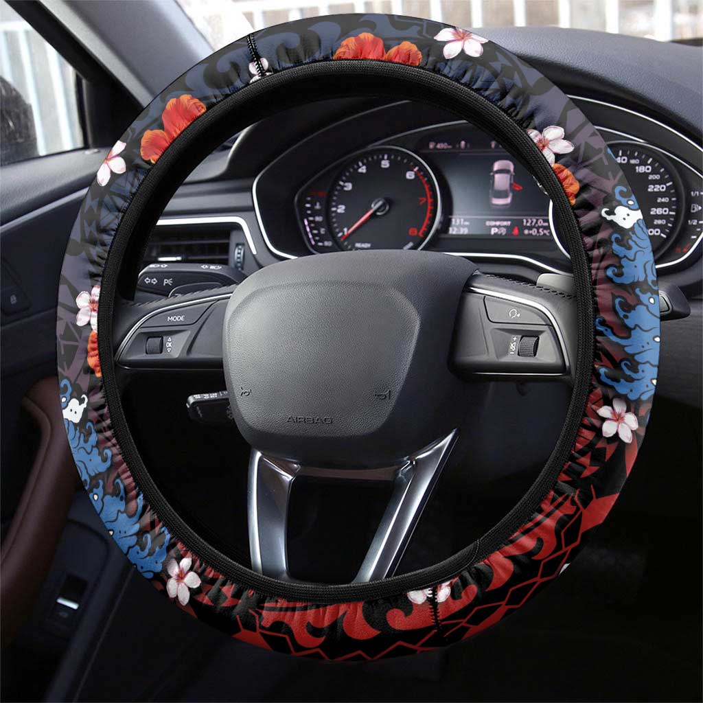 Hawaiian and Japanese Together Steering Wheel Cover Hibiscus and Koi Fish Polynesian Pattern Colorful Style