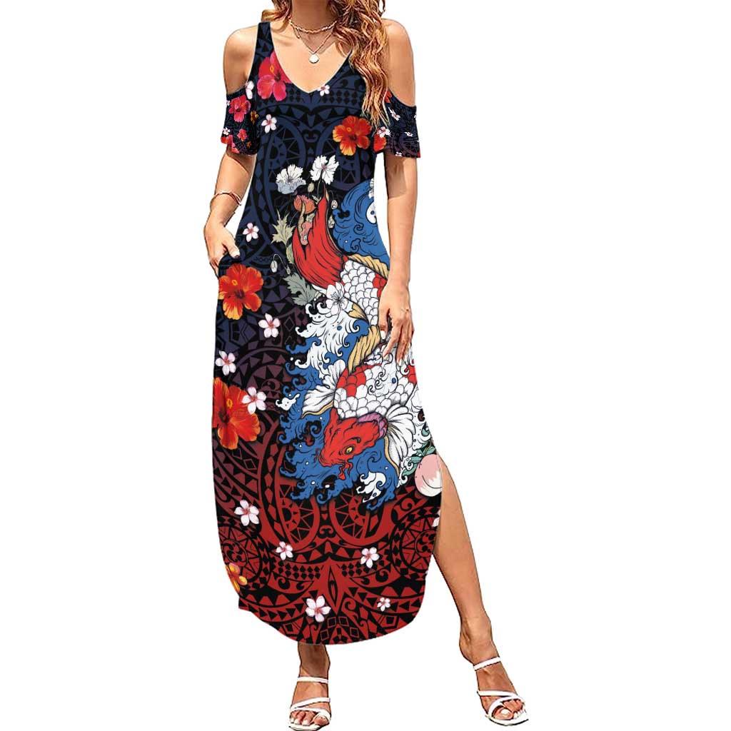 Hawaiian and Japanese Together Summer Maxi Dress Hibiscus and Koi Fish Polynesian Pattern Colorful Style LT03 Women Red - Polynesian Pride