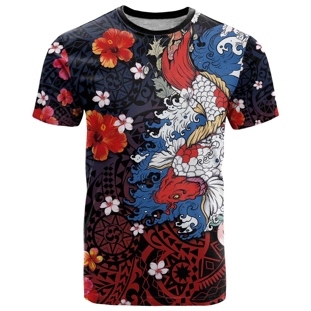 Hawaiian and Japanese Together T Shirt Hibiscus and Koi Fish Polynesian Pattern Colorful Style