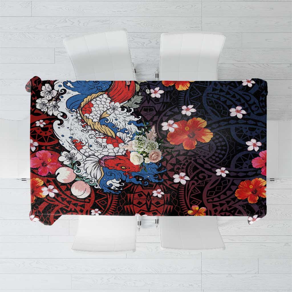 Hawaiian and Japanese Together Tablecloth Hibiscus and Koi Fish Polynesian Pattern Colorful Style
