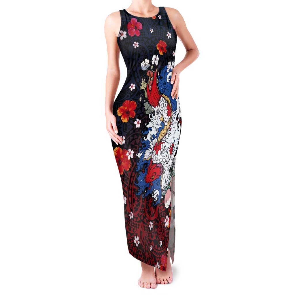 Hawaiian and Japanese Together Tank Maxi Dress Hibiscus and Koi Fish Polynesian Pattern Colorful Style LT03 Women Red - Polynesian Pride