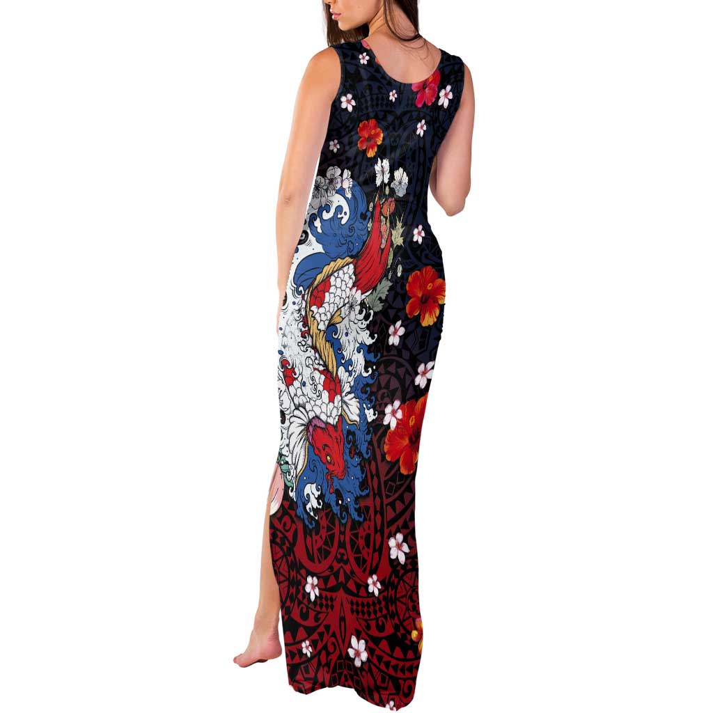 Hawaiian and Japanese Together Tank Maxi Dress Hibiscus and Koi Fish Polynesian Pattern Colorful Style LT03 - Polynesian Pride