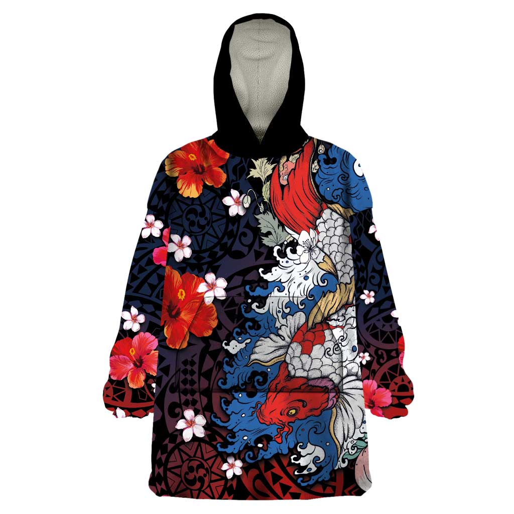 Hawaiian and Japanese Together Wearable Blanket Hoodie Hibiscus and Koi Fish Polynesian Pattern Colorful Style