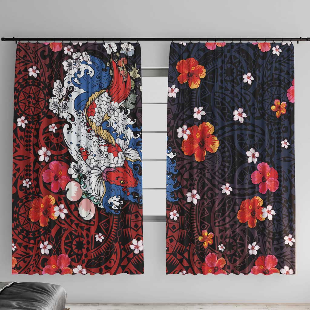 Hawaiian and Japanese Together Window Curtain Hibiscus and Koi Fish Polynesian Pattern Colorful Style LT03 With Hooks Red - Polynesian Pride