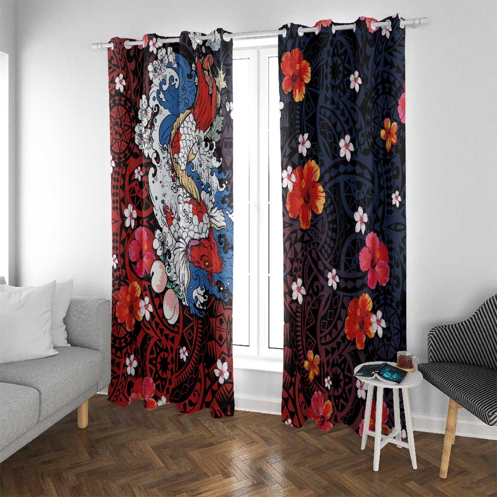 Hawaiian and Japanese Together Window Curtain Hibiscus and Koi Fish Polynesian Pattern Colorful Style LT03 With Grommets Red - Polynesian Pride