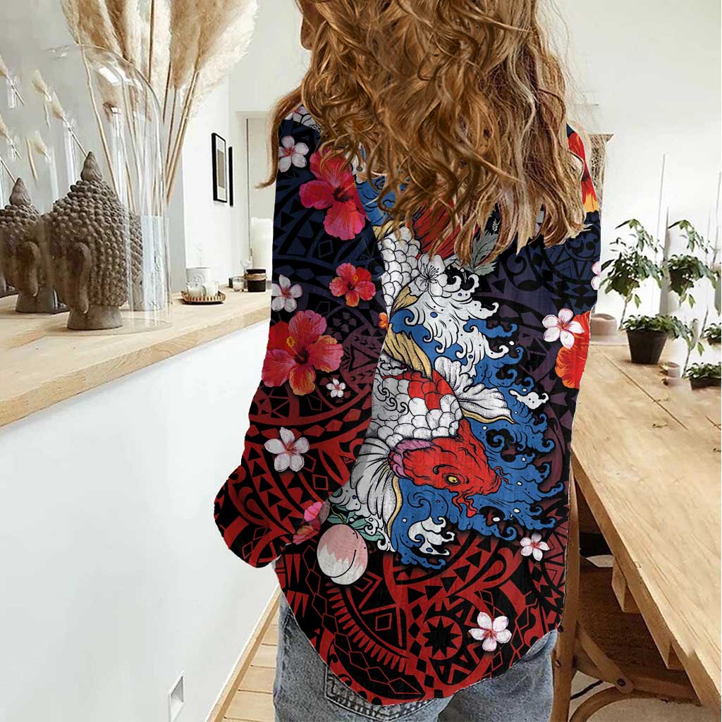 Hawaiian and Japanese Together Women Casual Shirt Hibiscus and Koi Fish Polynesian Pattern Colorful Style