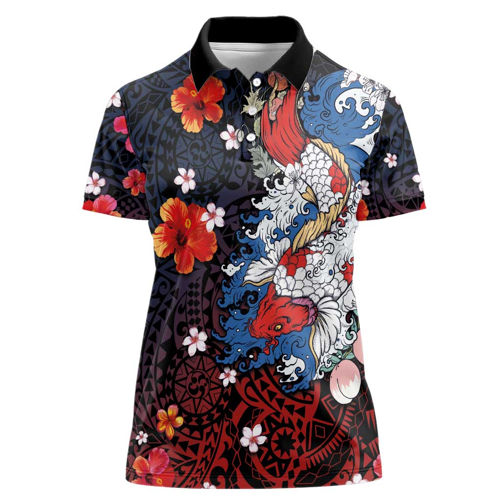 Hawaiian and Japanese Together Women Polo Shirt Hibiscus and Koi Fish Polynesian Pattern Colorful Style