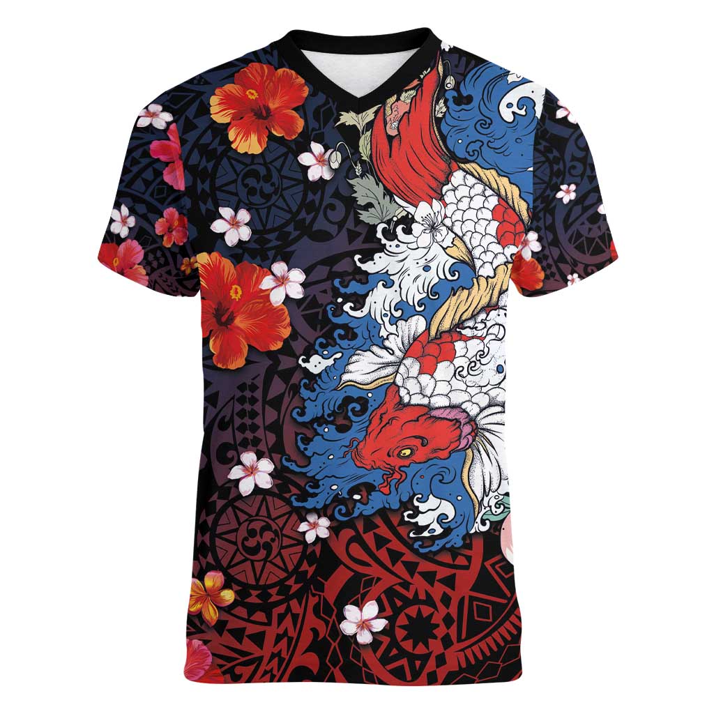 Hawaiian and Japanese Together Women V-Neck T-Shirt Hibiscus and Koi Fish Polynesian Pattern Colorful Style