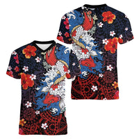 Hawaiian and Japanese Together Women V-Neck T-Shirt Hibiscus and Koi Fish Polynesian Pattern Colorful Style