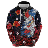 Hawaiian and Japanese Together Zip Hoodie Hibiscus and Koi Fish Polynesian Pattern Colorful Style