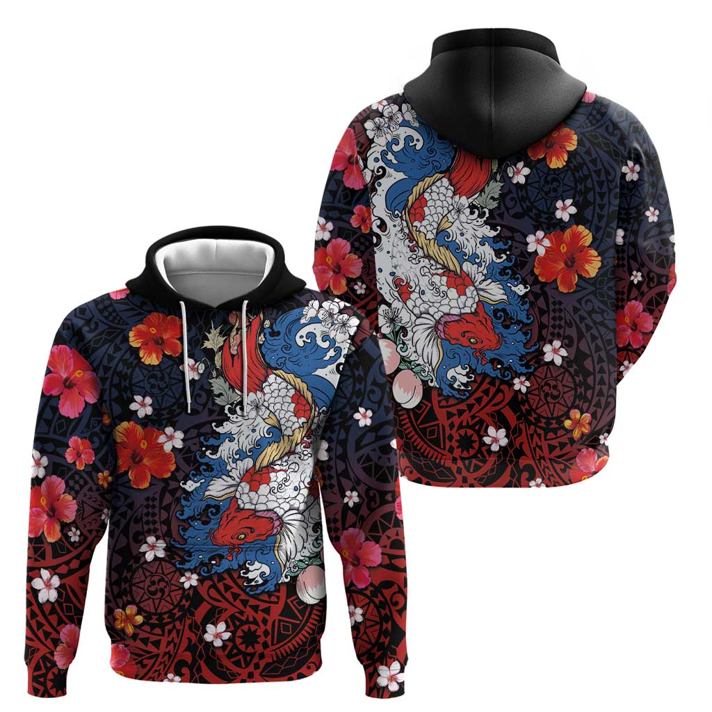 Hawaiian and Japanese Together Zip Hoodie Hibiscus and Koi Fish Polynesian Pattern Colorful Style