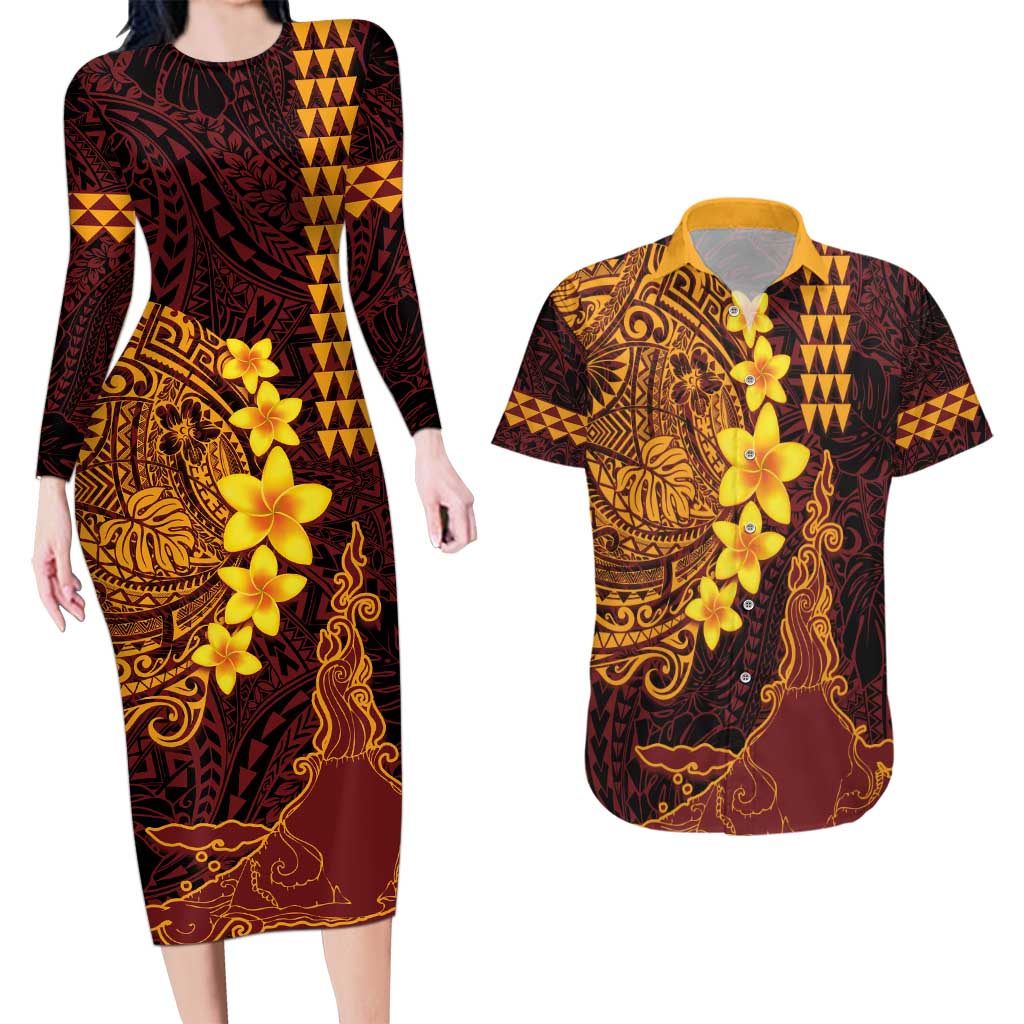 Hawaii Volcano Couples Matching Long Sleeve Bodycon Dress and Hawaiian Shirt Polynesian and Kakau Pattern