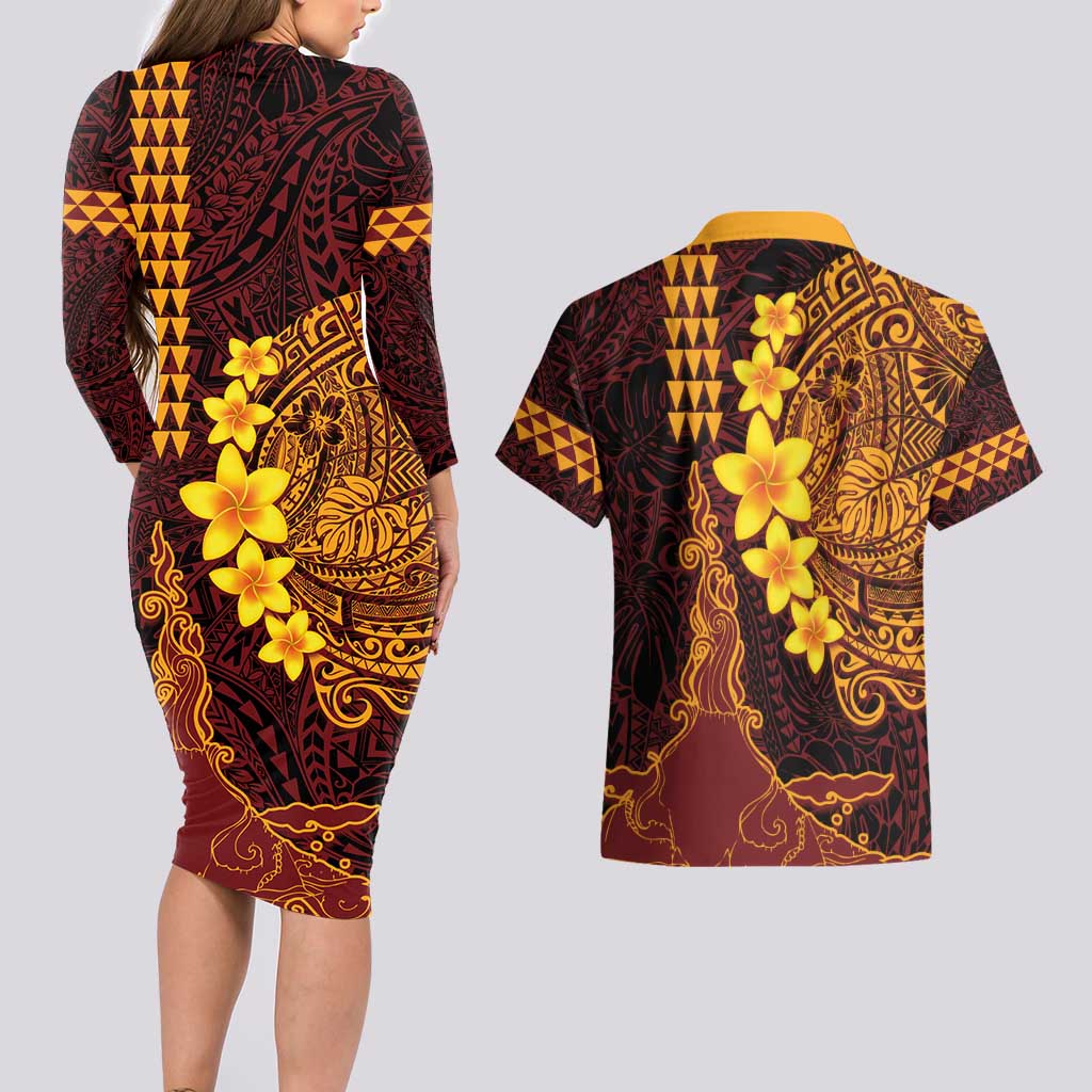 Hawaii Volcano Couples Matching Long Sleeve Bodycon Dress and Hawaiian Shirt Polynesian and Kakau Pattern LT03 - Polynesian Pride