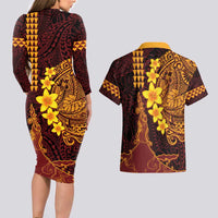 Hawaii Volcano Couples Matching Long Sleeve Bodycon Dress and Hawaiian Shirt Polynesian and Kakau Pattern LT03 - Polynesian Pride