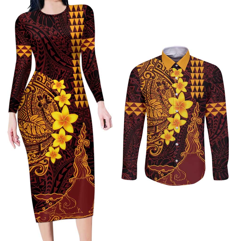 Hawaii Volcano Couples Matching Long Sleeve Bodycon Dress and Long Sleeve Button Shirt Polynesian and Kakau Pattern LT03 Red - Polynesian Pride