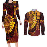 Hawaii Volcano Couples Matching Long Sleeve Bodycon Dress and Long Sleeve Button Shirt Polynesian and Kakau Pattern LT03 Red - Polynesian Pride