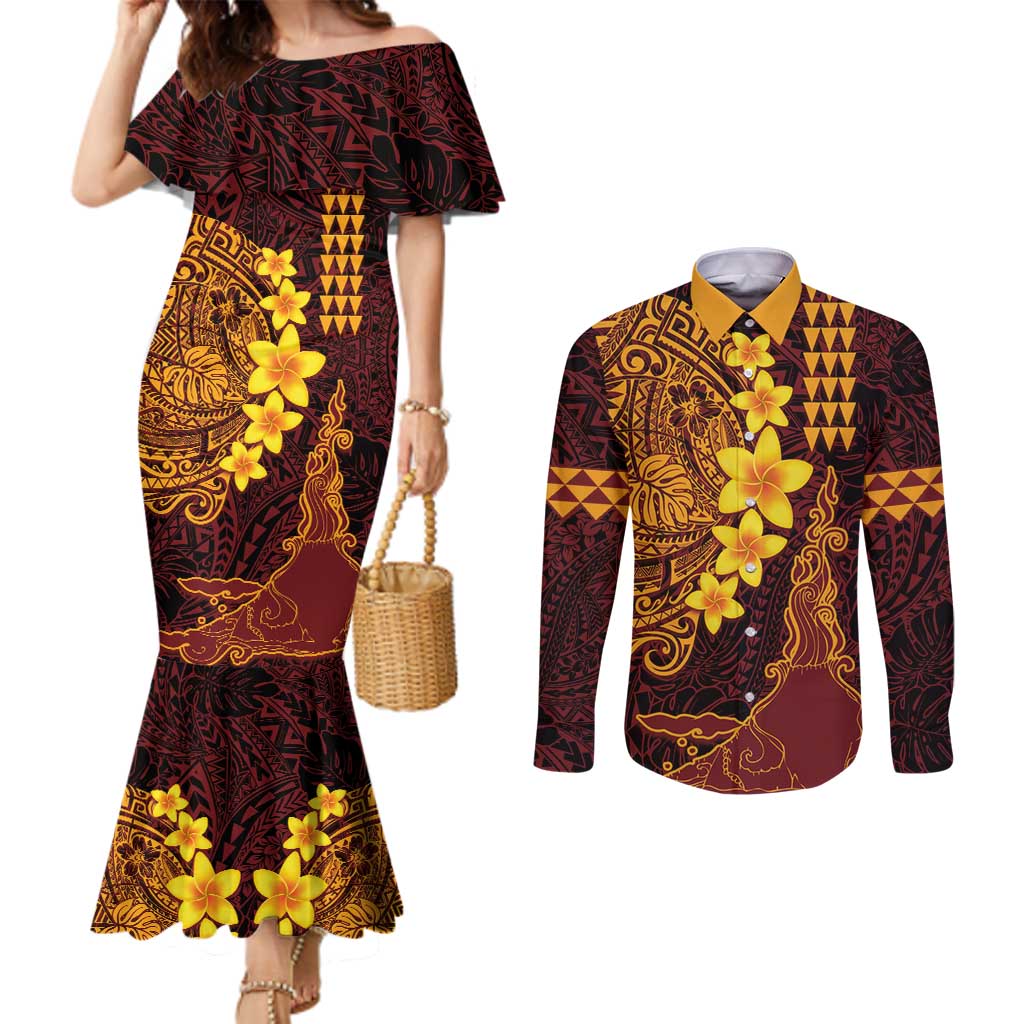 Hawaii Volcano Couples Matching Mermaid Dress and Long Sleeve Button Shirt Polynesian and Kakau Pattern LT03 Red - Polynesian Pride