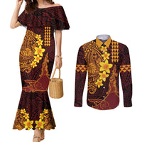 Hawaii Volcano Couples Matching Mermaid Dress and Long Sleeve Button Shirt Polynesian and Kakau Pattern LT03 Red - Polynesian Pride