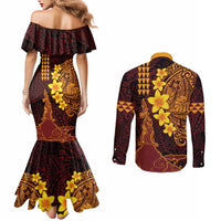 Hawaii Volcano Couples Matching Mermaid Dress and Long Sleeve Button Shirt Polynesian and Kakau Pattern LT03 - Polynesian Pride