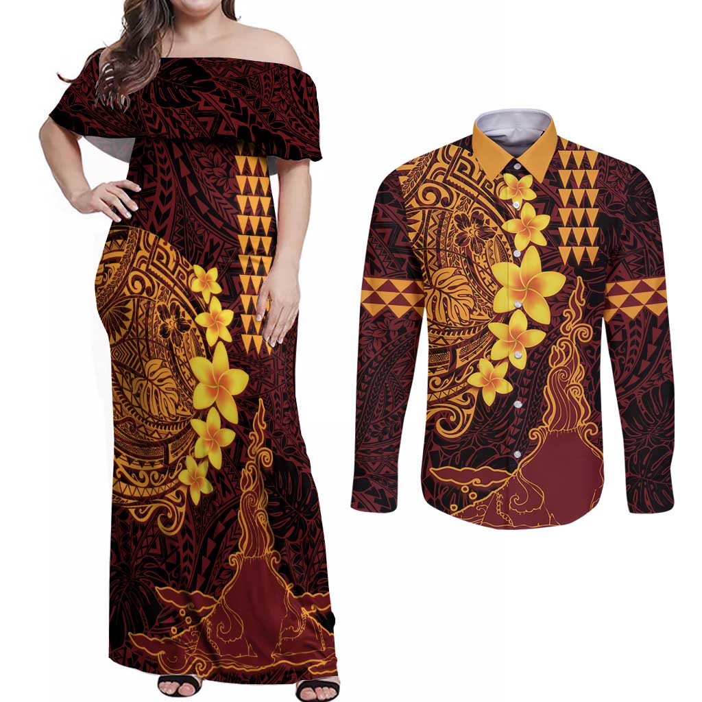 Hawaii Volcano Couples Matching Off Shoulder Maxi Dress and Long Sleeve Button Shirt Polynesian and Kakau Pattern LT03 Red - Polynesian Pride
