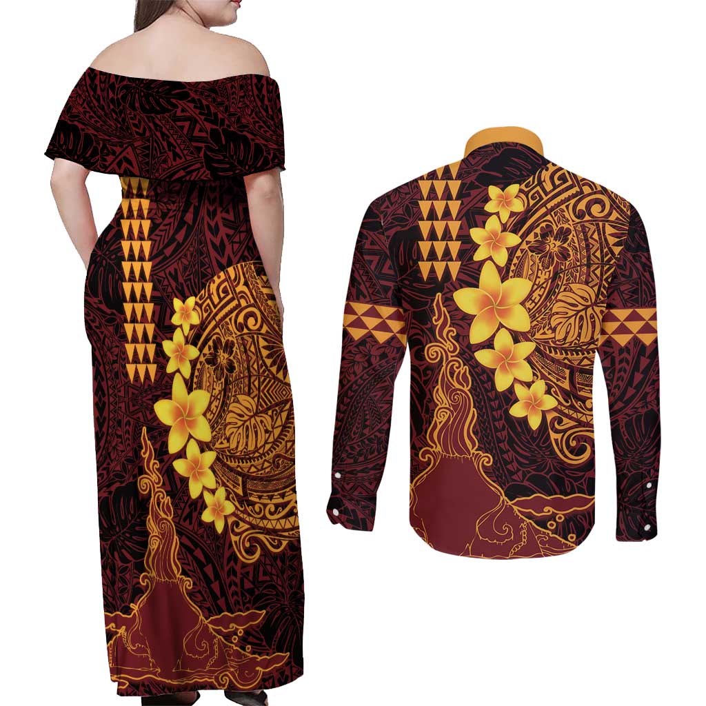Hawaii Volcano Couples Matching Off Shoulder Maxi Dress and Long Sleeve Button Shirt Polynesian and Kakau Pattern LT03 - Polynesian Pride