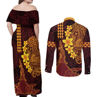 Hawaii Volcano Couples Matching Off Shoulder Maxi Dress and Long Sleeve Button Shirt Polynesian and Kakau Pattern LT03 - Polynesian Pride