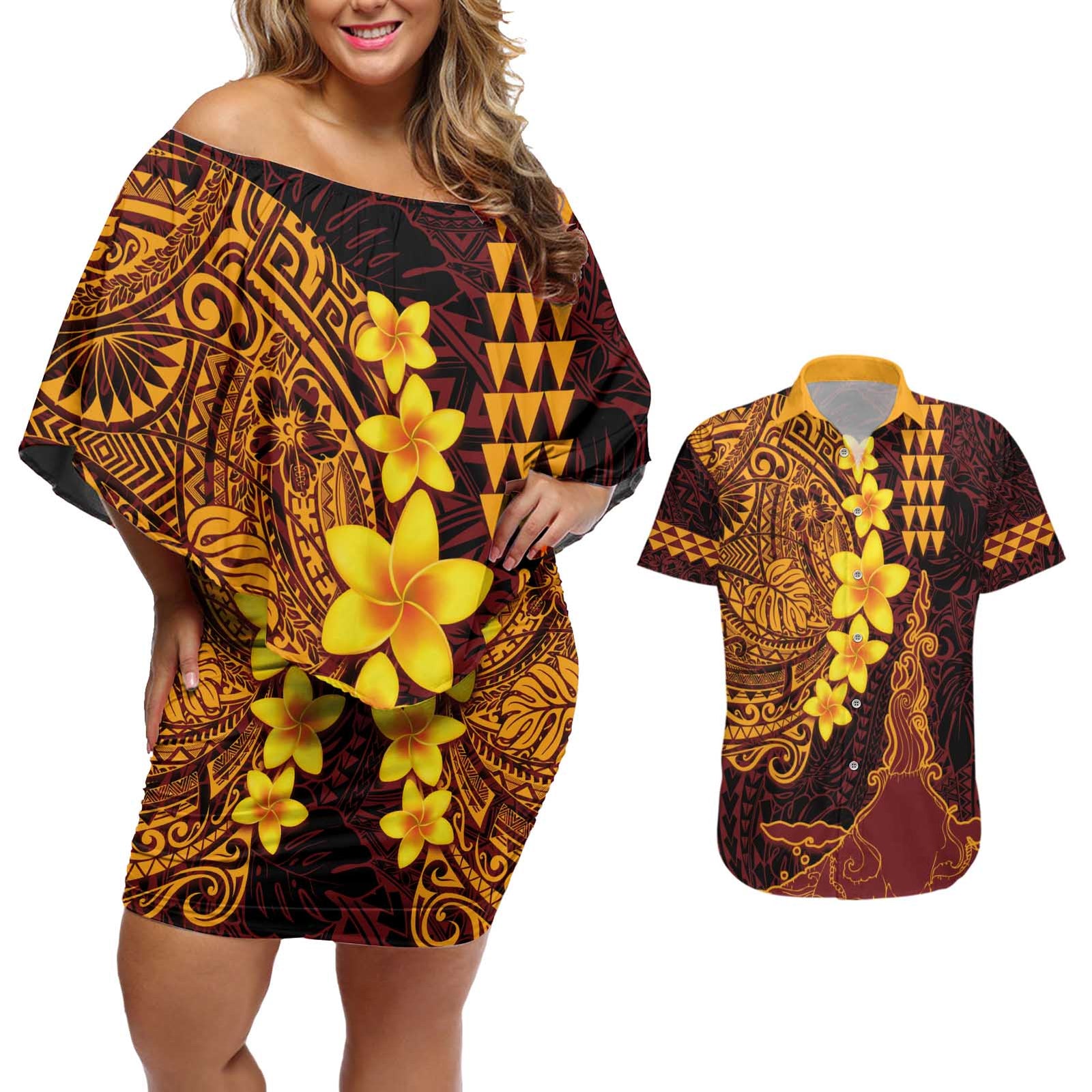 Hawaii Volcano Couples Matching Off Shoulder Short Dress and Hawaiian Shirt Polynesian and Kakau Pattern LT03 Red - Polynesian Pride