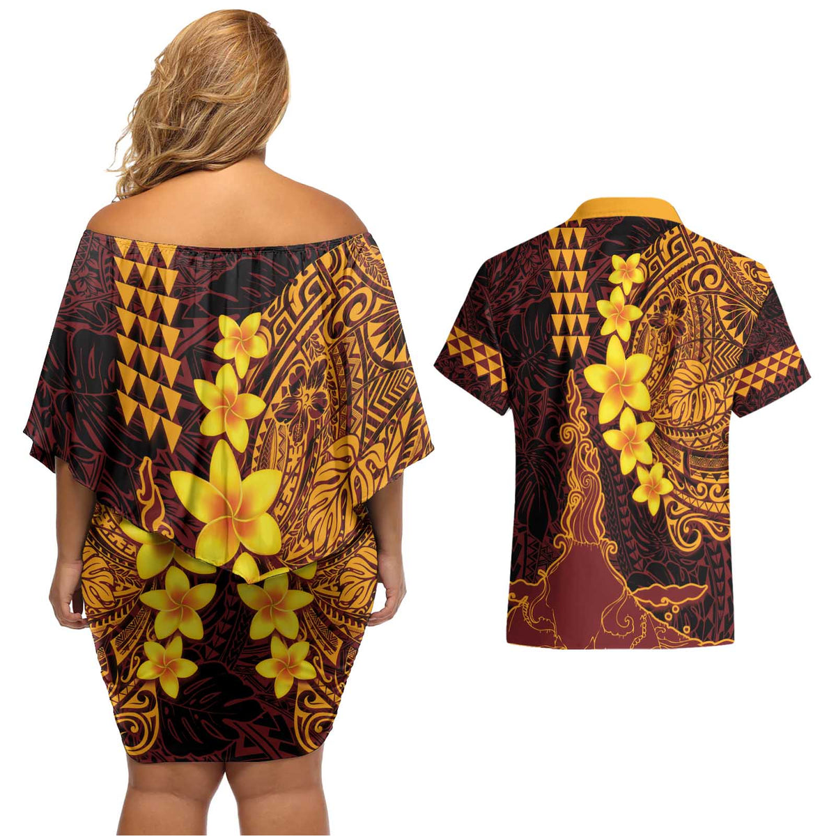 Hawaii Volcano Couples Matching Off Shoulder Short Dress and Hawaiian Shirt Polynesian and Kakau Pattern LT03 - Polynesian Pride