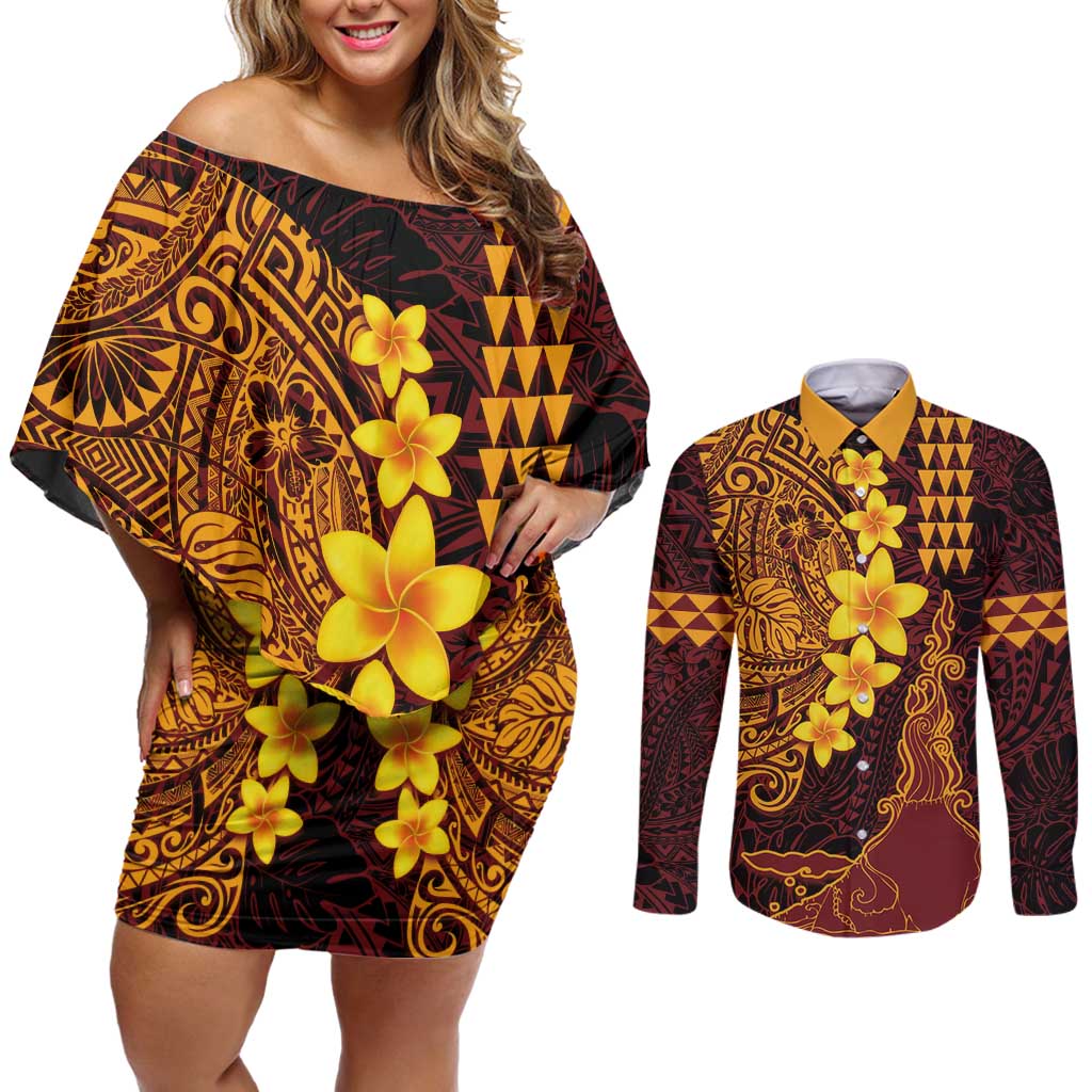 Hawaii Volcano Couples Matching Off Shoulder Short Dress and Long Sleeve Button Shirt Polynesian and Kakau Pattern LT03 Red - Polynesian Pride