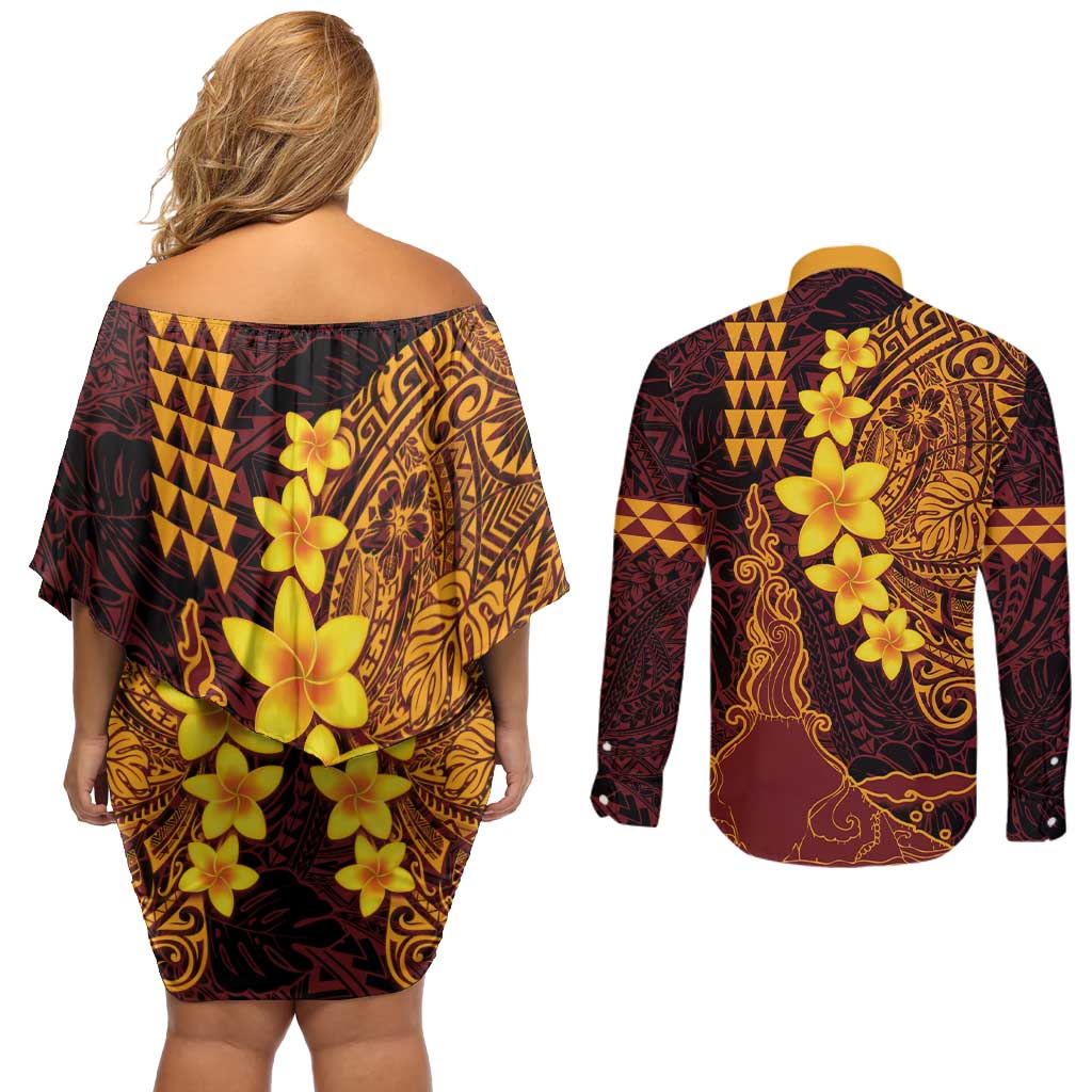 Hawaii Volcano Couples Matching Off Shoulder Short Dress and Long Sleeve Button Shirt Polynesian and Kakau Pattern LT03 - Polynesian Pride