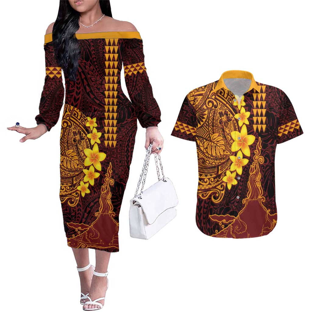 Hawaii Volcano Couples Matching Off The Shoulder Long Sleeve Dress and Hawaiian Shirt Polynesian and Kakau Pattern LT03 Red - Polynesian Pride