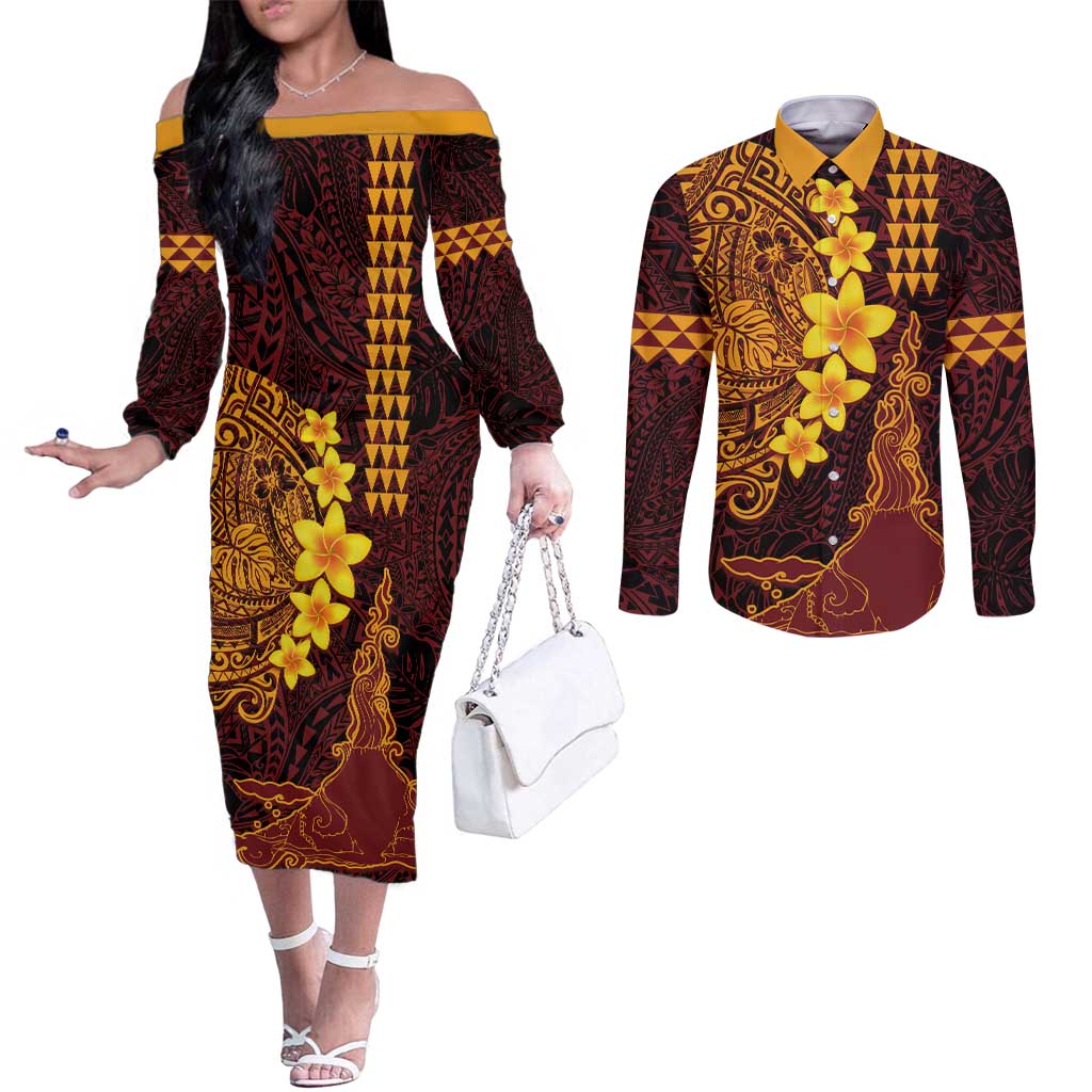 Hawaii Volcano Couples Matching Off The Shoulder Long Sleeve Dress and Long Sleeve Button Shirt Polynesian and Kakau Pattern LT03 Red - Polynesian Pride