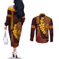 Hawaii Volcano Couples Matching Off The Shoulder Long Sleeve Dress and Long Sleeve Button Shirt Polynesian and Kakau Pattern LT03 - Polynesian Pride
