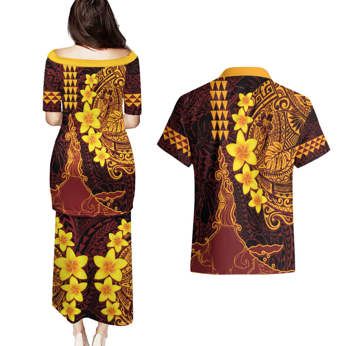 Hawaii Volcano Couples Matching Puletasi and Hawaiian Shirt Polynesian and Kakau Pattern LT03 - Polynesian Pride