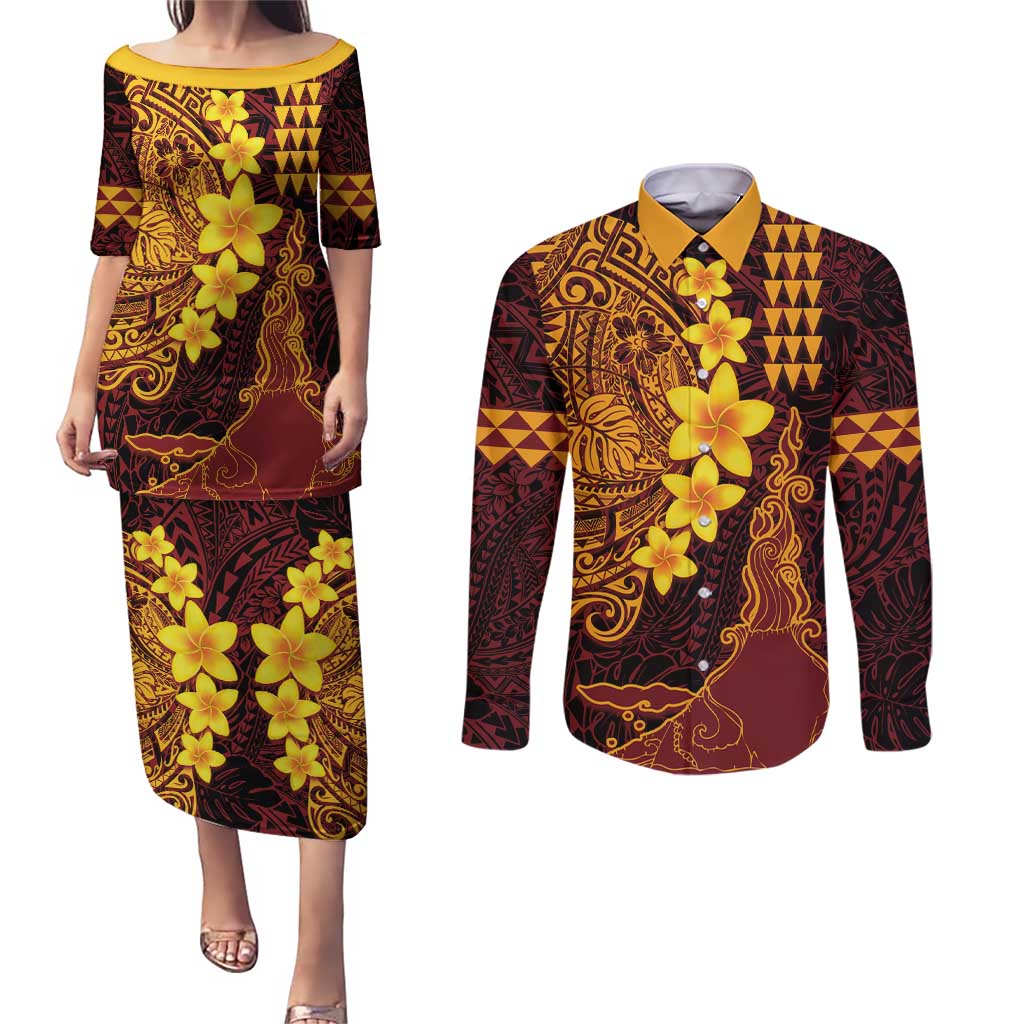 Hawaii Volcano Couples Matching Puletasi and Long Sleeve Button Shirt Polynesian and Kakau Pattern LT03 Red - Polynesian Pride