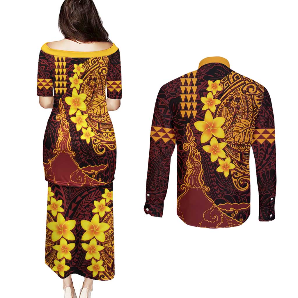Hawaii Volcano Couples Matching Puletasi and Long Sleeve Button Shirt Polynesian and Kakau Pattern LT03 - Polynesian Pride