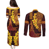 Hawaii Volcano Couples Matching Puletasi and Long Sleeve Button Shirt Polynesian and Kakau Pattern LT03 - Polynesian Pride