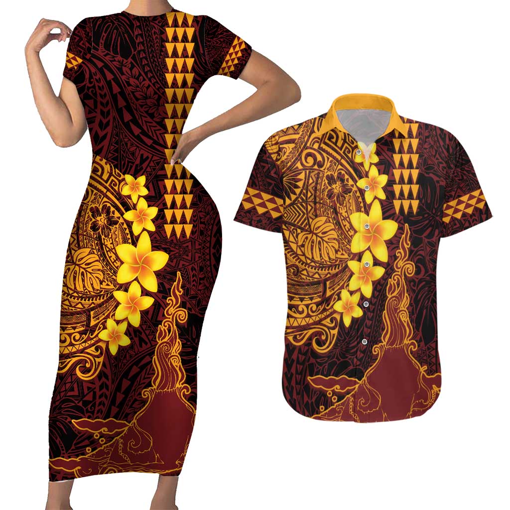 Hawaii Volcano Couples Matching Short Sleeve Bodycon Dress and Hawaiian Shirt Polynesian and Kakau Pattern LT03 Red - Polynesian Pride