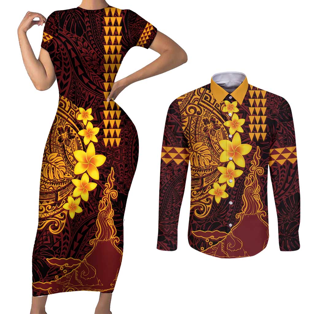 Hawaii Volcano Couples Matching Short Sleeve Bodycon Dress and Long Sleeve Button Shirt Polynesian and Kakau Pattern LT03 Red - Polynesian Pride