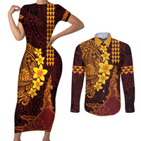 Hawaii Volcano Couples Matching Short Sleeve Bodycon Dress and Long Sleeve Button Shirt Polynesian and Kakau Pattern LT03 Red - Polynesian Pride