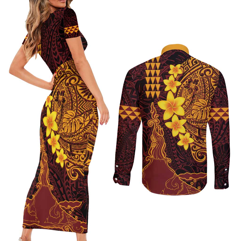 Hawaii Volcano Couples Matching Short Sleeve Bodycon Dress and Long Sleeve Button Shirt Polynesian and Kakau Pattern LT03 - Polynesian Pride