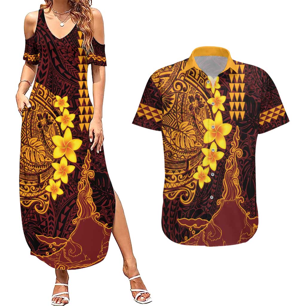 Hawaii Volcano Couples Matching Summer Maxi Dress and Hawaiian Shirt Polynesian and Kakau Pattern LT03 Red - Polynesian Pride