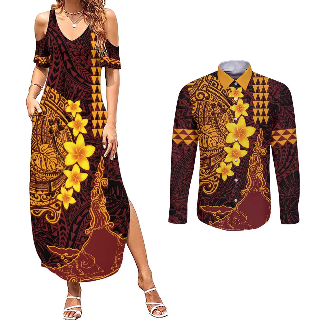 Hawaii Volcano Couples Matching Summer Maxi Dress and Long Sleeve Button Shirt Polynesian and Kakau Pattern LT03 Red - Polynesian Pride