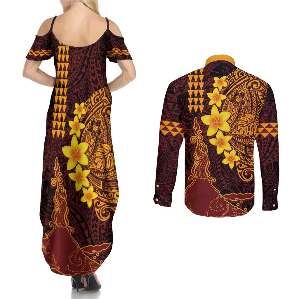 Hawaii Volcano Couples Matching Summer Maxi Dress and Long Sleeve Button Shirt Polynesian and Kakau Pattern LT03 - Polynesian Pride
