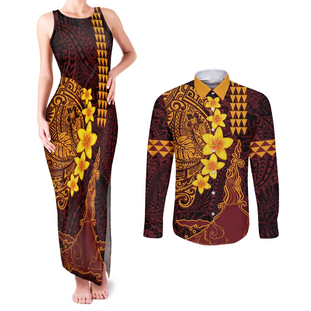Hawaii Volcano Couples Matching Tank Maxi Dress and Long Sleeve Button Shirt Polynesian and Kakau Pattern LT03 Red - Polynesian Pride