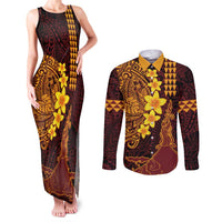 Hawaii Volcano Couples Matching Tank Maxi Dress and Long Sleeve Button Shirt Polynesian and Kakau Pattern LT03 Red - Polynesian Pride