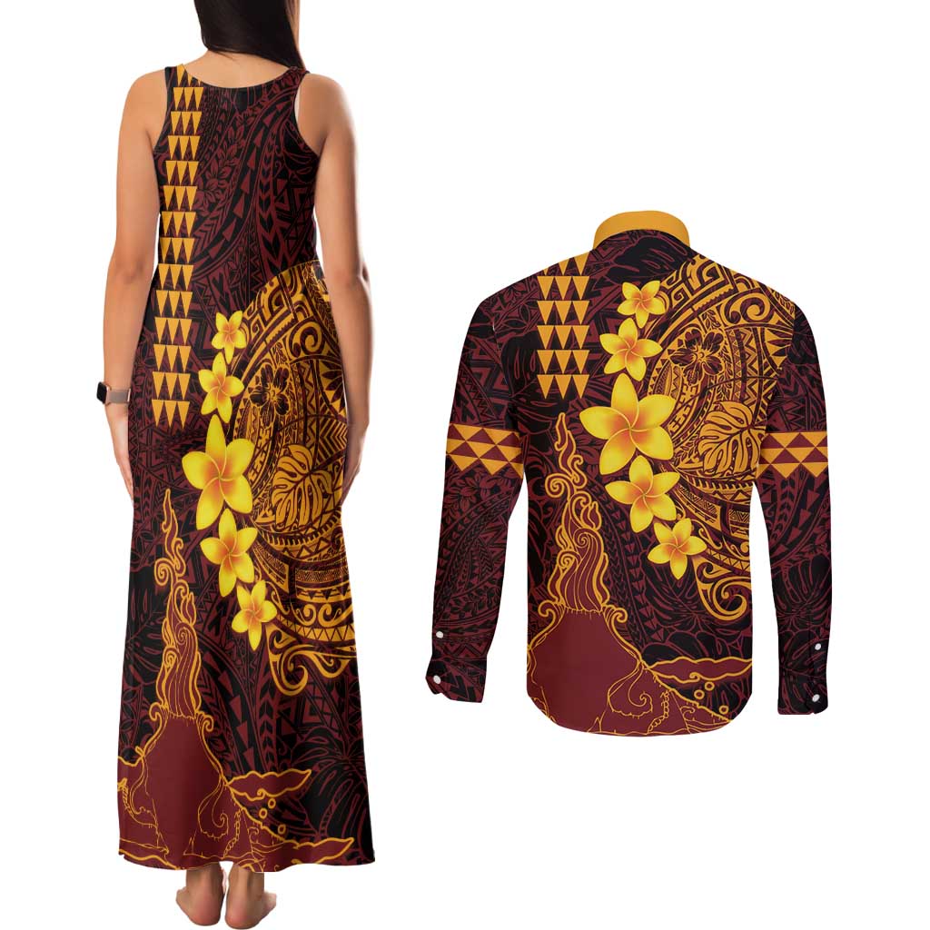 Hawaii Volcano Couples Matching Tank Maxi Dress and Long Sleeve Button Shirt Polynesian and Kakau Pattern LT03 - Polynesian Pride